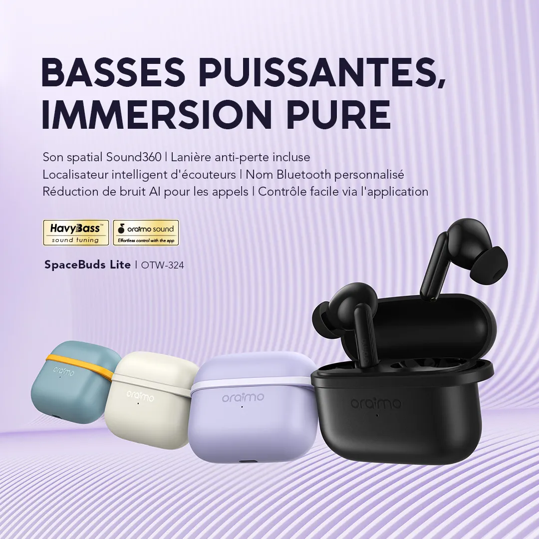 Oraimo SpaceBuds Lite OTW-324 — Écouteurs sans fil | Sound360 (Son Surround) | Fonction Anti-perte | Autonomie 40h | Livraison Gabon | Kadmarket